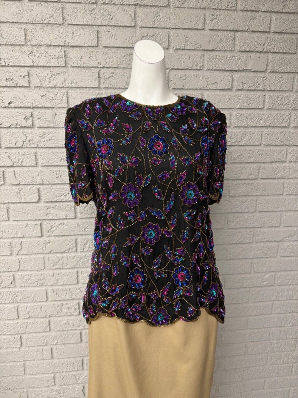 Papell Boutique Vintage Silk Embellished Evening Top Blouse Size XL